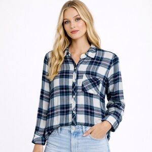 Rails Plaid Rayon Flannel Shirt Women's Small Blue White Button Up Casual Pocket